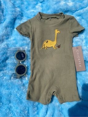 chick pea Olive Green Ribbed Baby Bodysuit with Yellow Dino